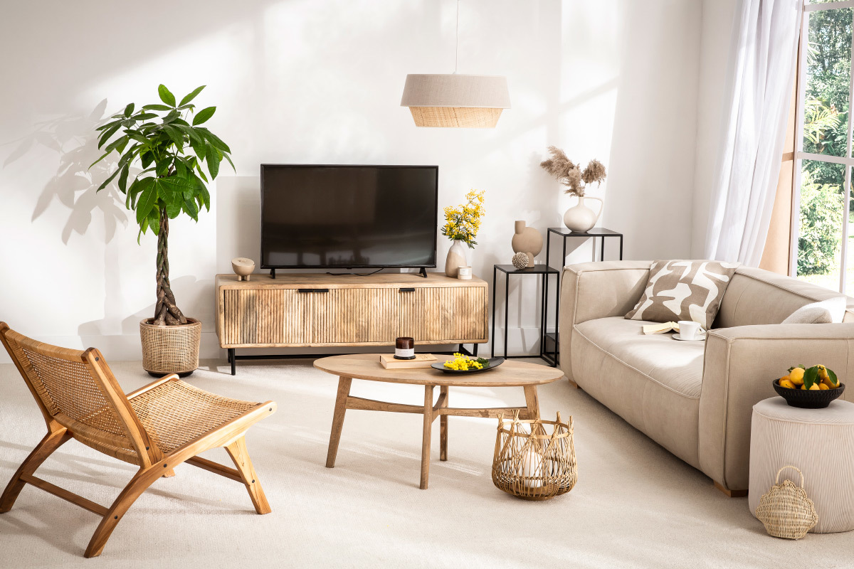 Meuble TV en bois manguier massif et mtal noir L145 cm MORISSON