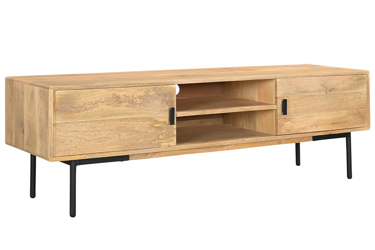 Meuble TV en bois manguier massif et mtal noir L165 cm JUDE