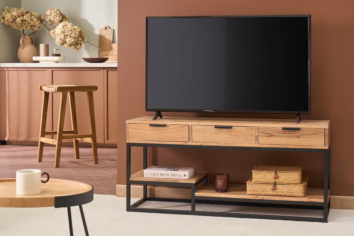 Meuble TV en bois massif et m�tal noir L115 cm WARREN