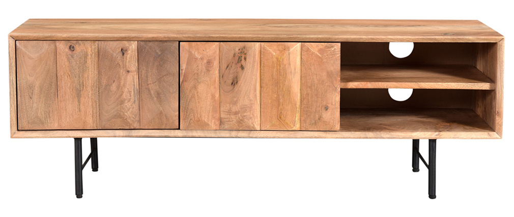 Meuble TV en manguier massif avec portes en relief L120 cm AGRA