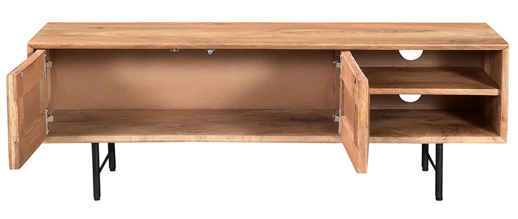 Meuble TV en manguier massif avec portes en relief L120 cm AGRA