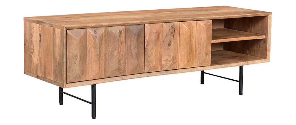 Meuble TV en manguier massif avec portes en relief L120 cm AGRA