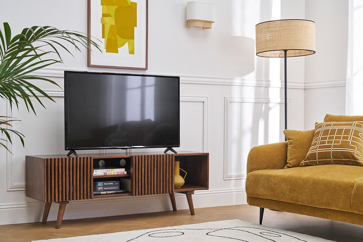 Meuble TV en manguier massif teint bois fonc avec portes coulissantes L140 cm ALBA