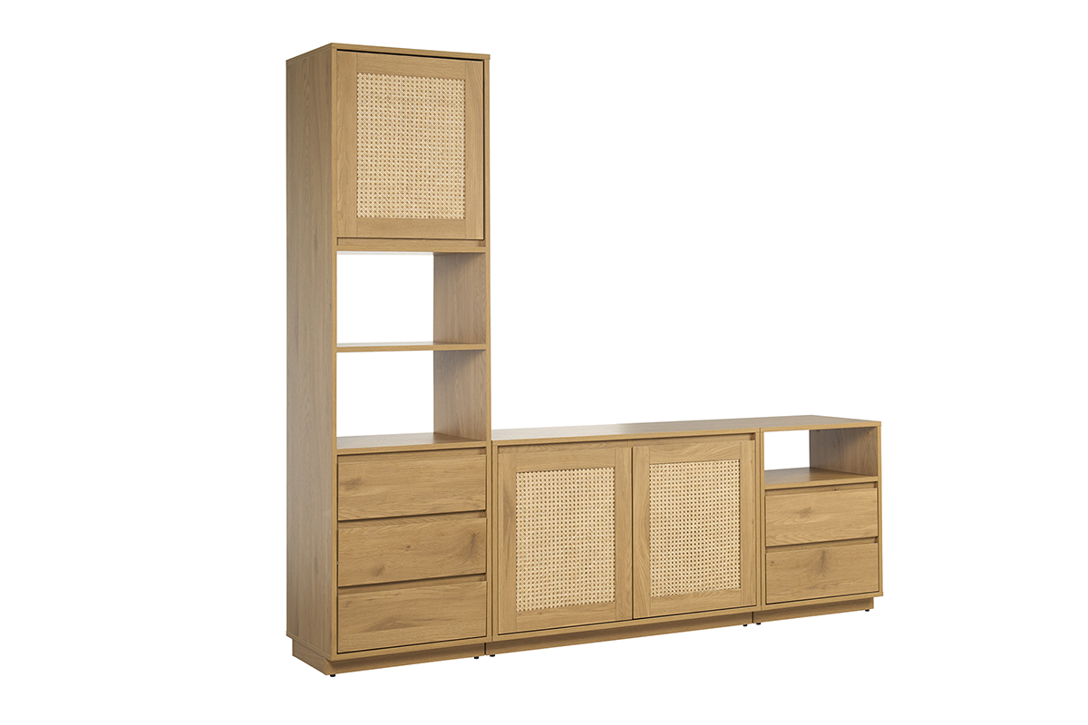 Meuble TV finition bois clair ch�ne et cannage rotin L196 cm SEVILLE