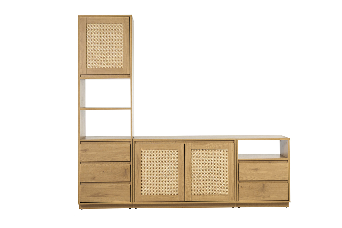 Meuble TV finition bois clair ch�ne et cannage rotin L196 cm SEVILLE