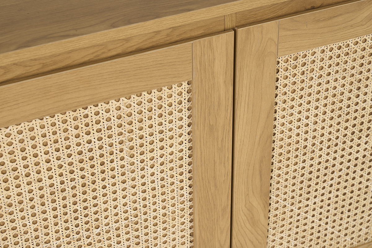 Meuble TV finition bois clair ch�ne et cannage rotin L196 cm SEVILLE