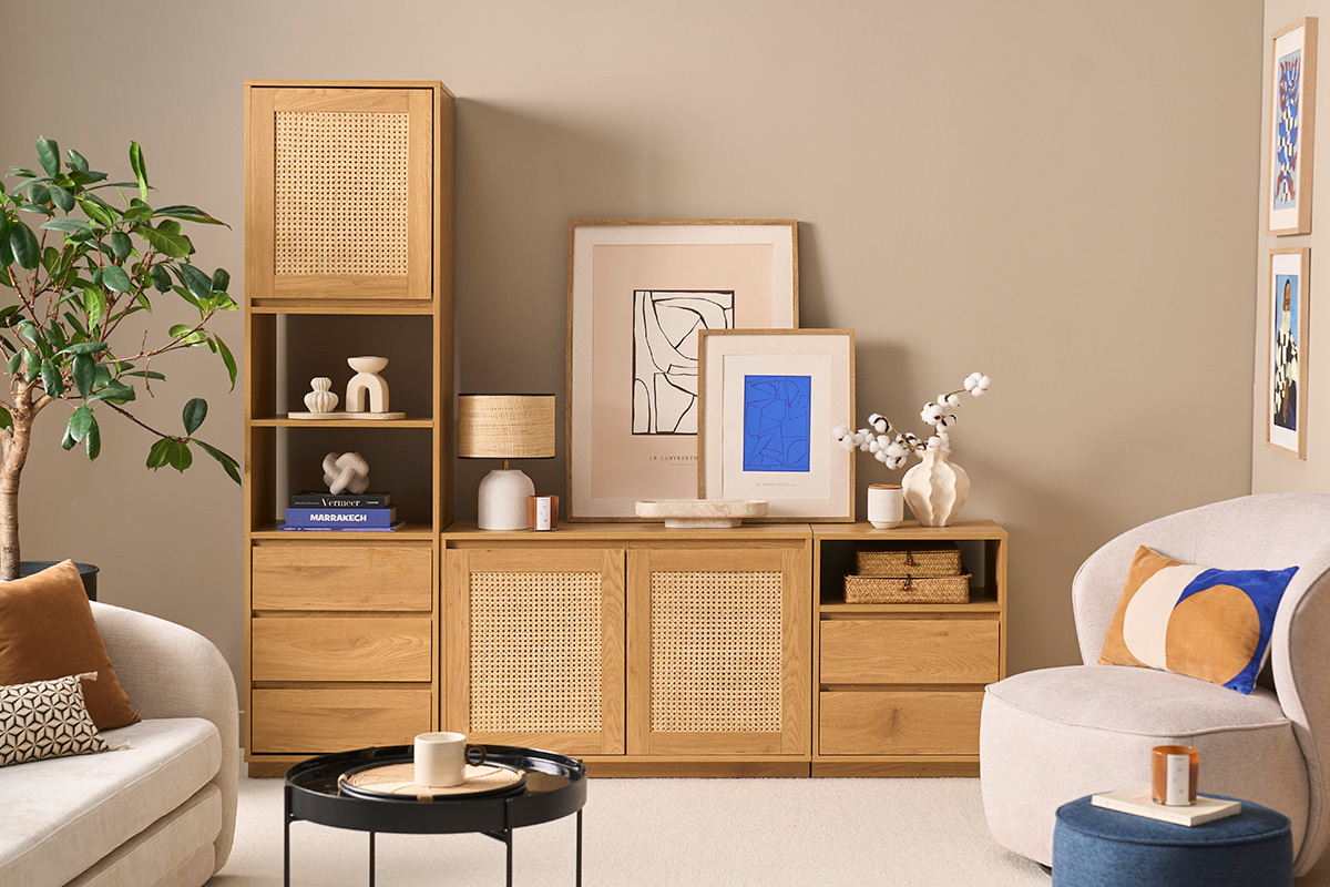 Meuble TV finition bois clair ch�ne et cannage rotin L196 cm SEVILLE