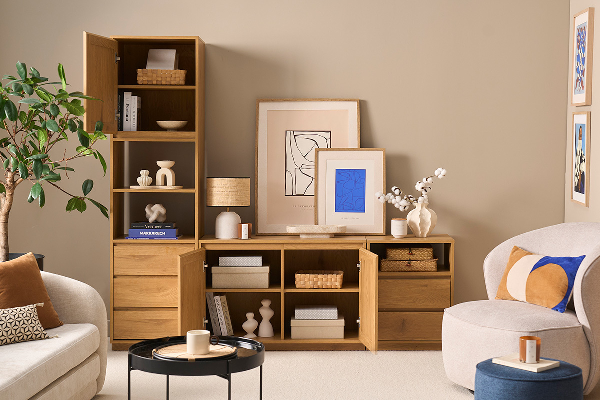 Meuble TV finition bois clair ch�ne et cannage rotin L196 cm SEVILLE