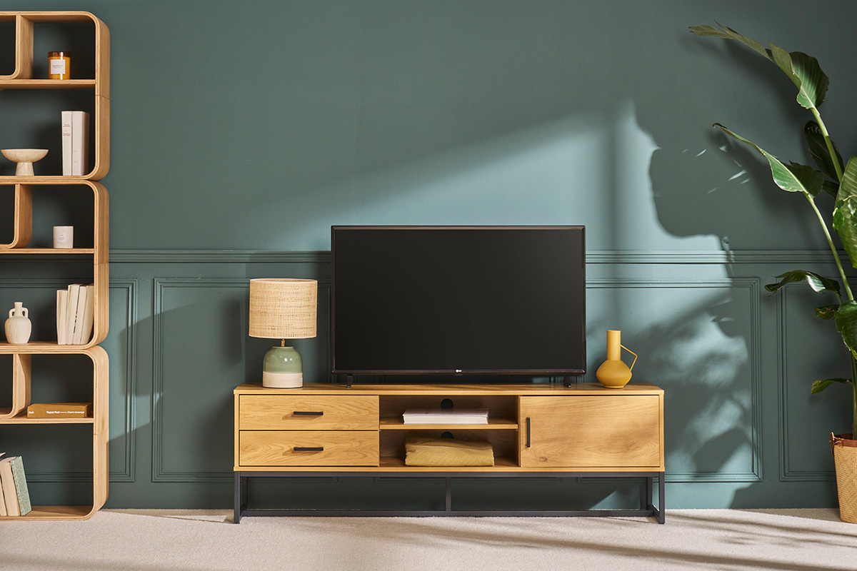 Meuble TV finition bois clair chne et mtal noir L160 cm LOVATO