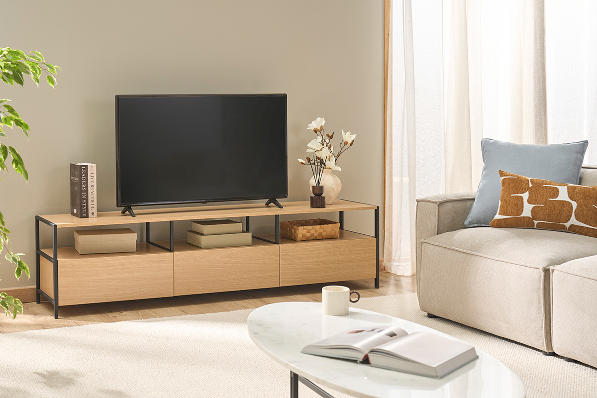 Meuble TV finition bois clair ch�ne et m�tal noir L180 cm MAXENCE