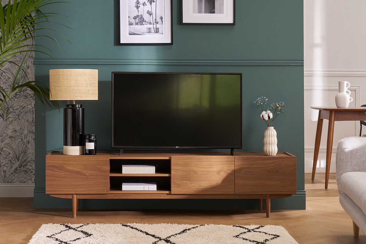 Meuble TV finition bois fonc noyer 3 portes L180 cm SANAA