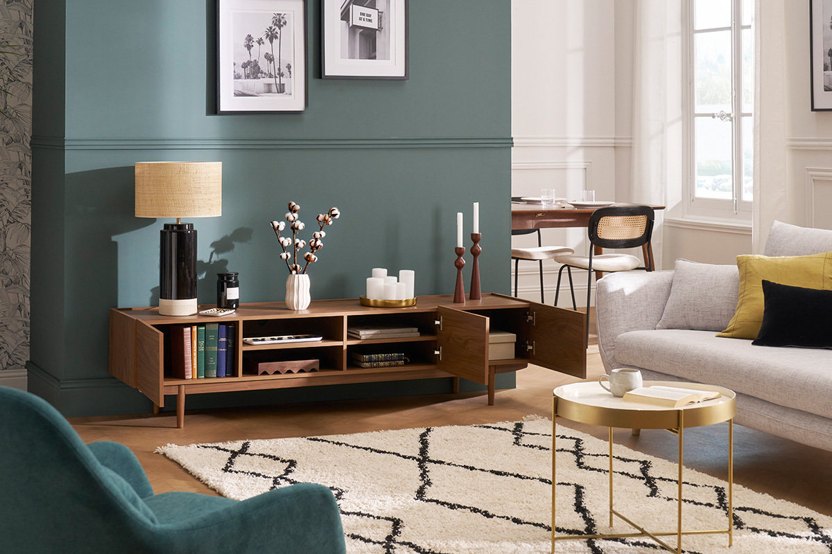 Meuble TV finition bois fonc noyer 3 portes L180 cm SANAA