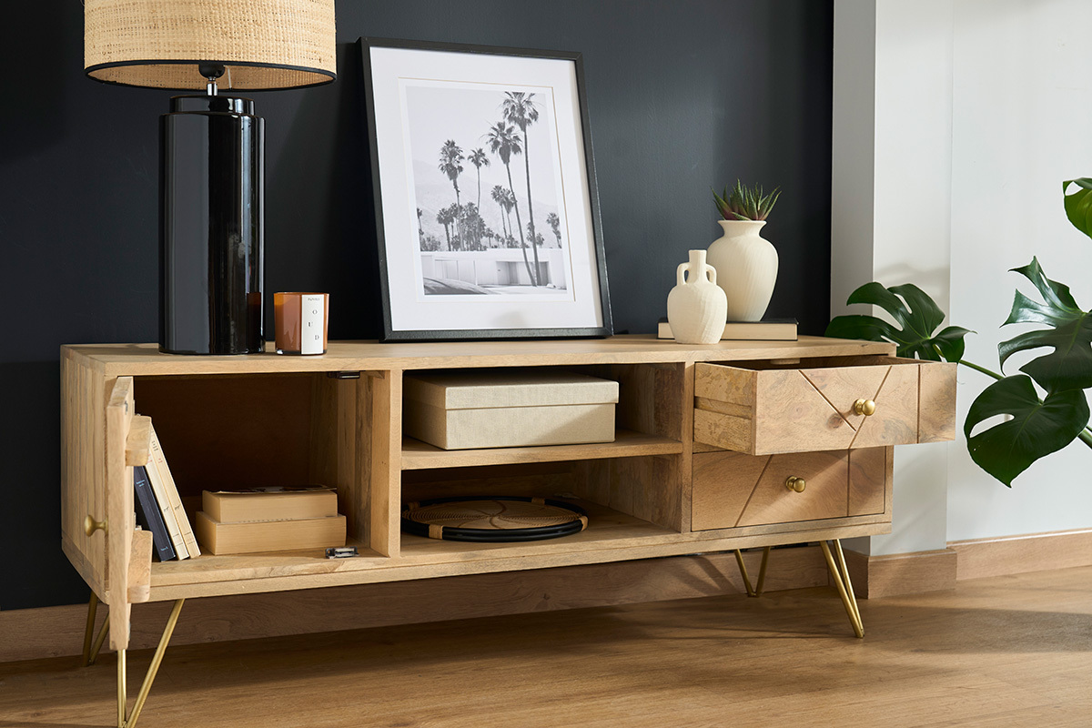 Meuble TV grav en bois manguier massif et mtal L130 LINIUM