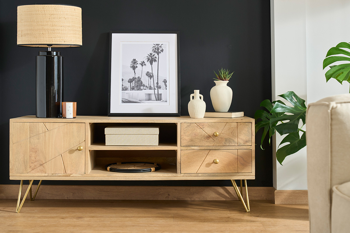 Meuble TV grav en bois manguier massif et mtal L130 LINIUM