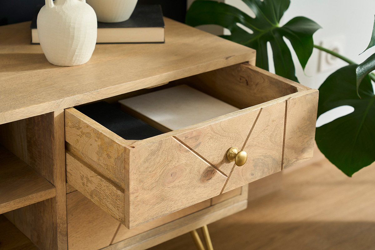 Meuble TV grav en bois manguier massif et mtal L130 LINIUM