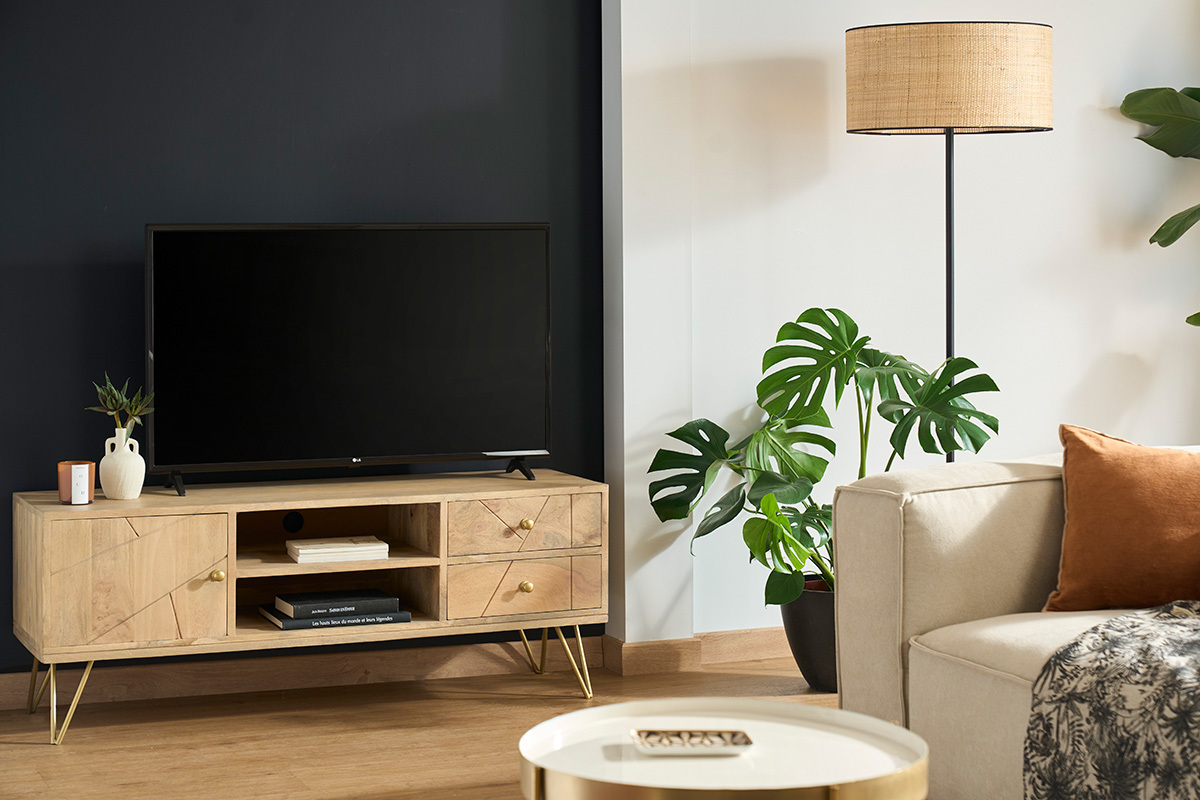 Meuble TV grav en bois manguier massif et mtal L130 LINIUM