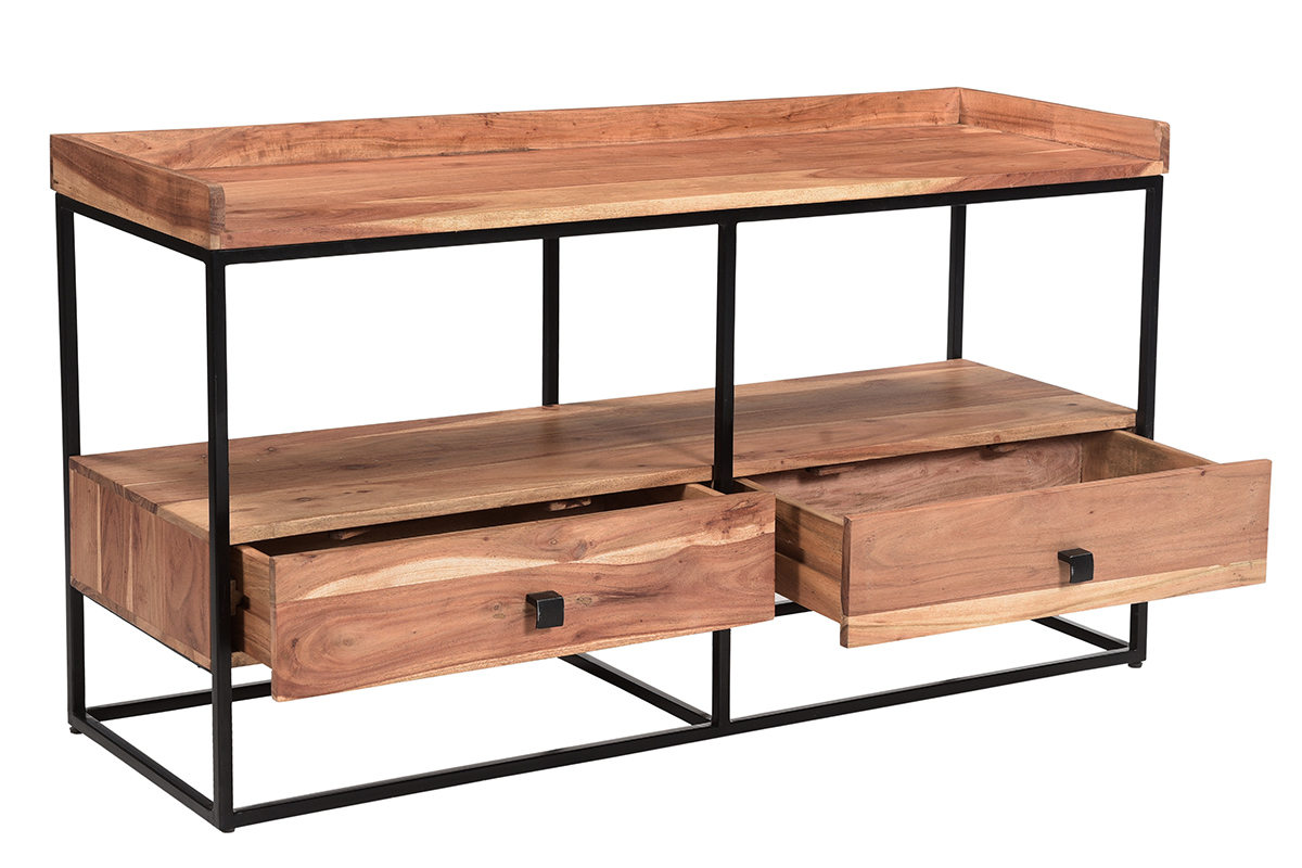Meuble TV industriel bois massif et mtal noir L115 cm HERMANN