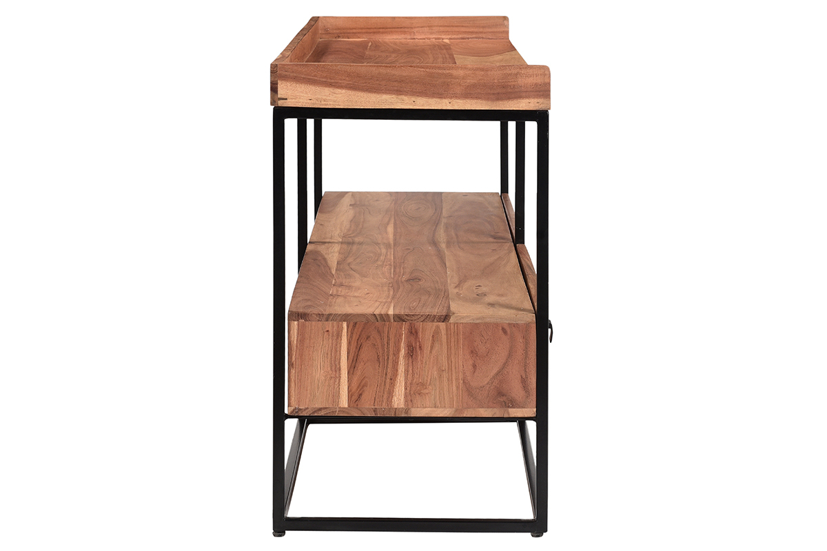 Meuble TV industriel bois massif et mtal noir L115 cm HERMANN