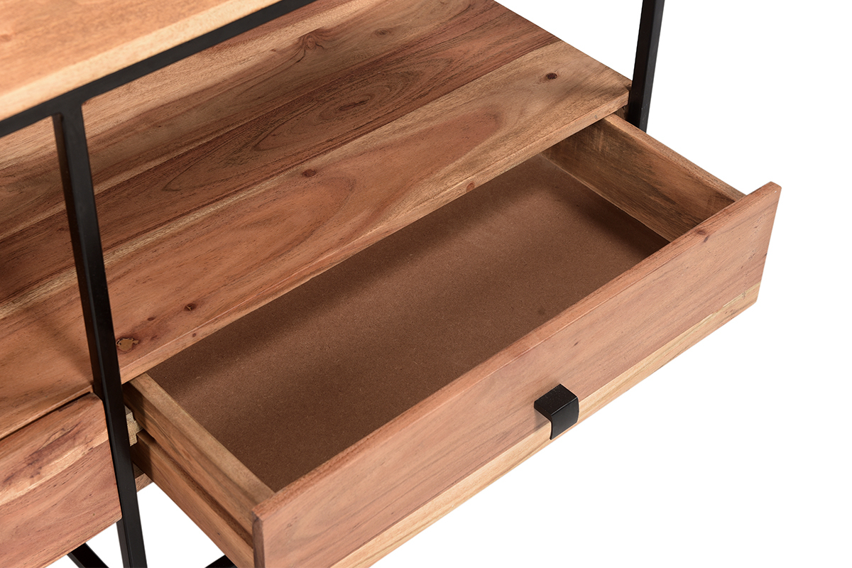 Meuble TV industriel bois massif et mtal noir L115 cm HERMANN