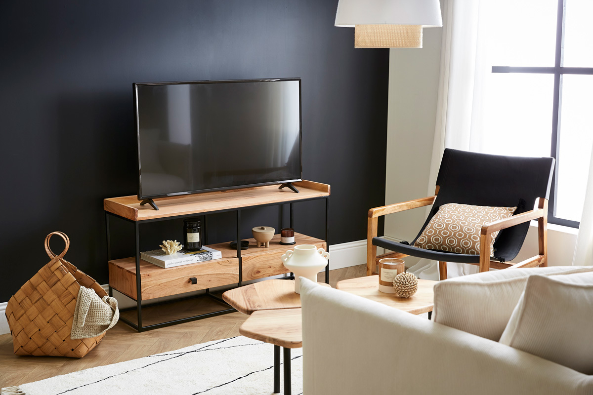 Meuble TV industriel bois massif et mtal noir L115 cm HERMANN
