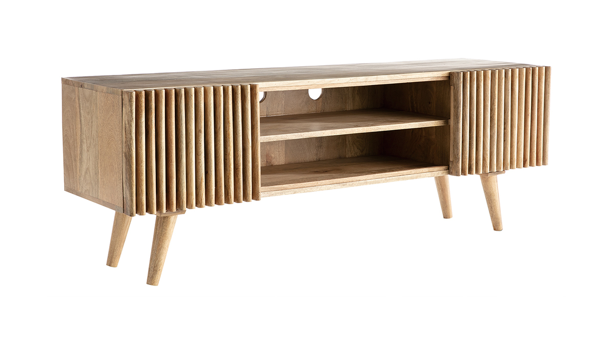 Meuble TV manguier massif avec portes coulissantes L140 cm ALBA - Miliboo & Stphane Plaza