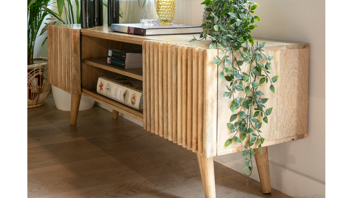 Meuble TV manguier massif avec portes coulissantes L140 cm ALBA - Miliboo & Stphane Plaza