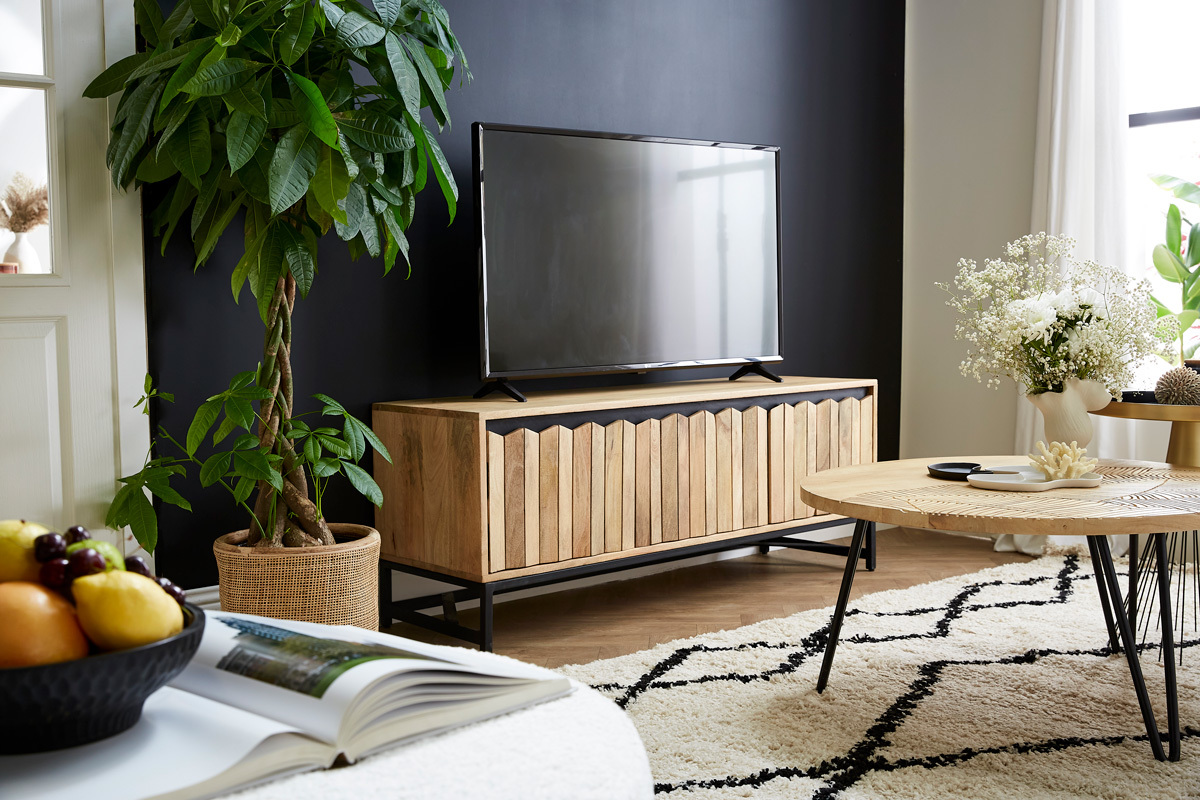 Meuble TV manguier massif et mtal noir L130 cm ESTY