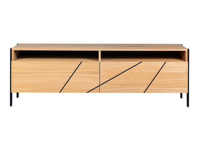 Meuble TV moderne avec motif grav&eacute; ch&ecirc;ne et m&eacute;tal noir L175 cm ICODE