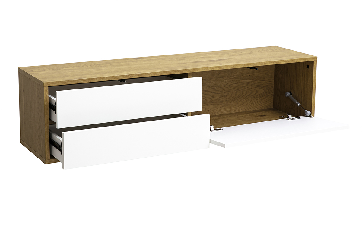 Meuble TV mural finition blanche et bois clair ch�ne L120 cm FLEXO
