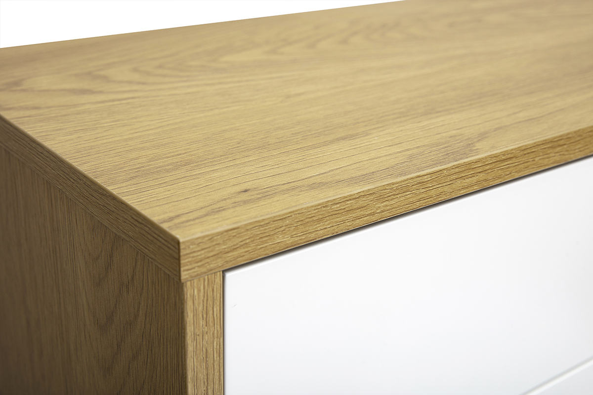 Meuble TV mural finition blanche et bois clair ch�ne L120 cm FLEXO