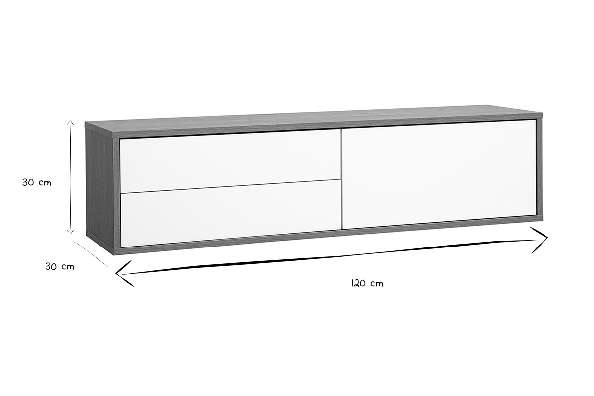 Meuble TV mural finition blanche et bois clair ch�ne L120 cm FLEXO