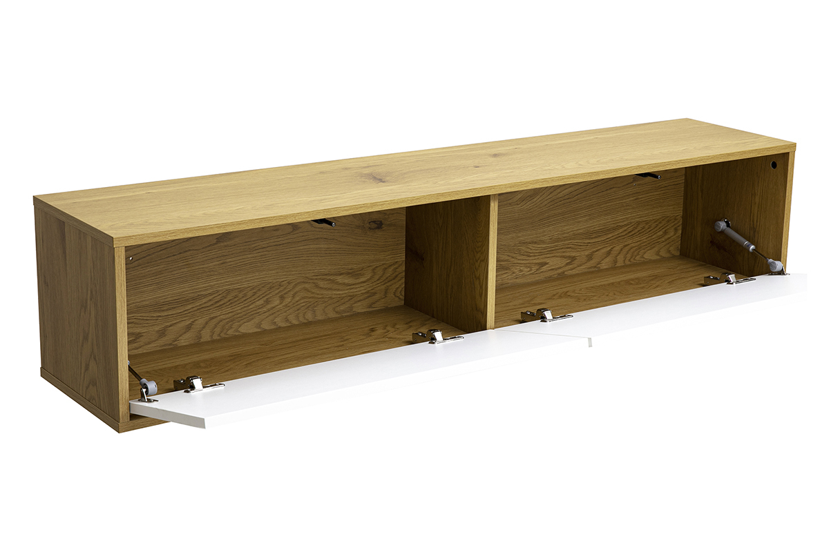 Meuble TV mural finition blanche et bois clair ch�ne L140 cm FLEXO