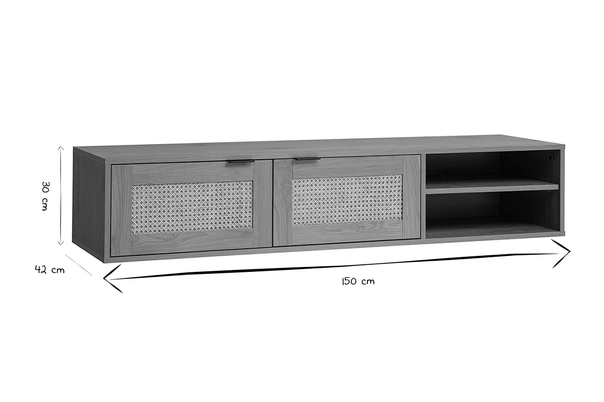 Meuble tv mural finition bois clair et cannage rotin 2 portes L150 cm MANILLE