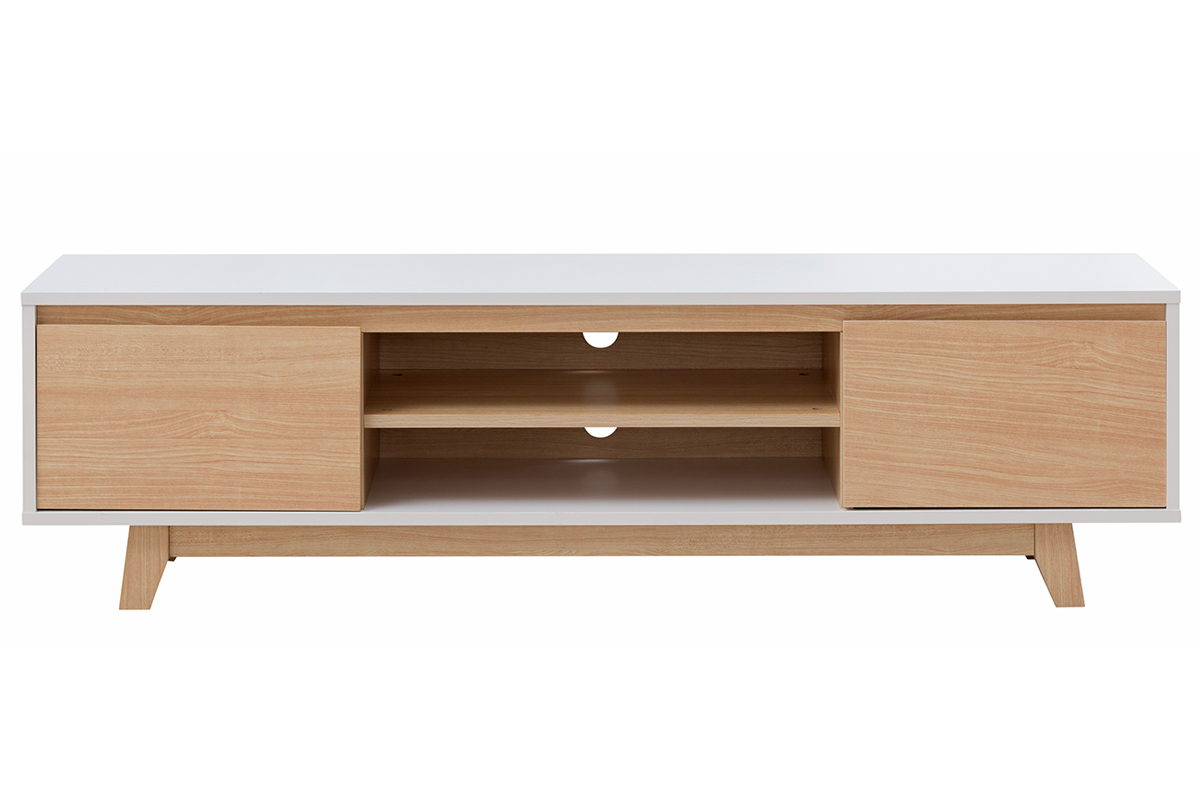 Meuble TV scandinave blanc brillant et bois L160 cm LAHTI