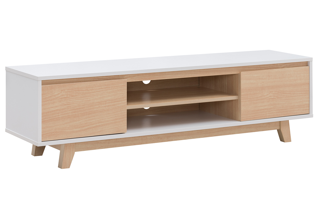Meuble TV scandinave blanc brillant et bois L160 cm LAHTI