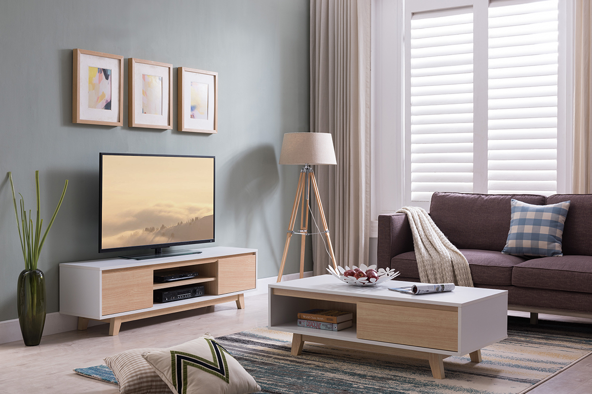 Meuble TV scandinave blanc brillant et bois L160 cm LAHTI