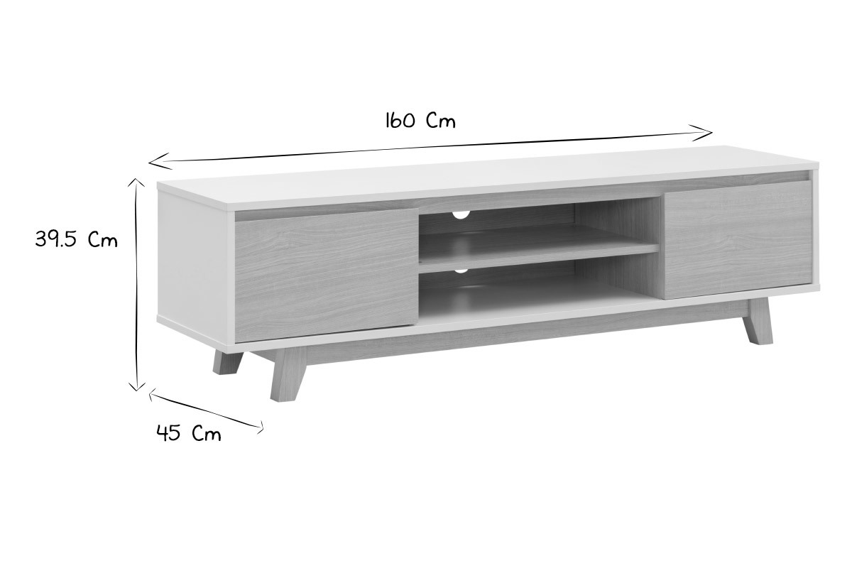 Meuble TV scandinave blanc brillant et bois L160 cm LAHTI