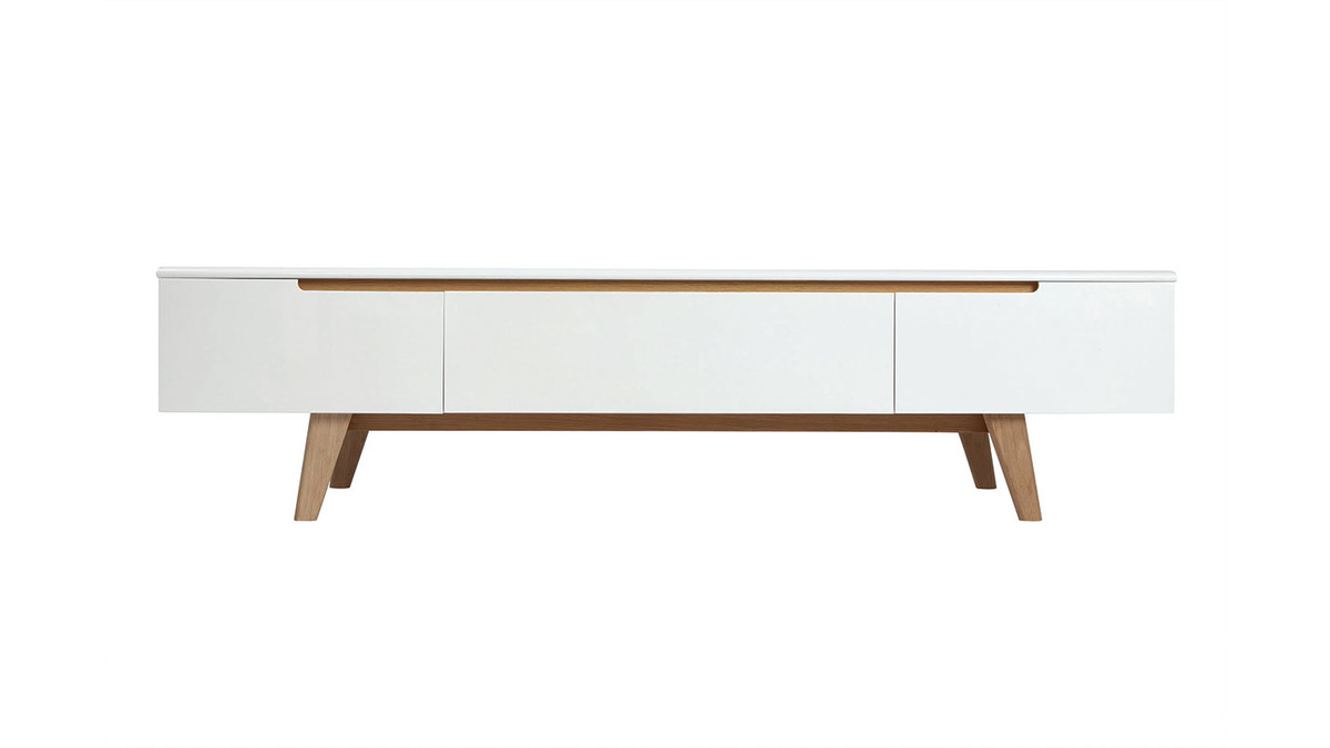 Meuble TV scandinave blanc brillant et bois L180 cm MELKA