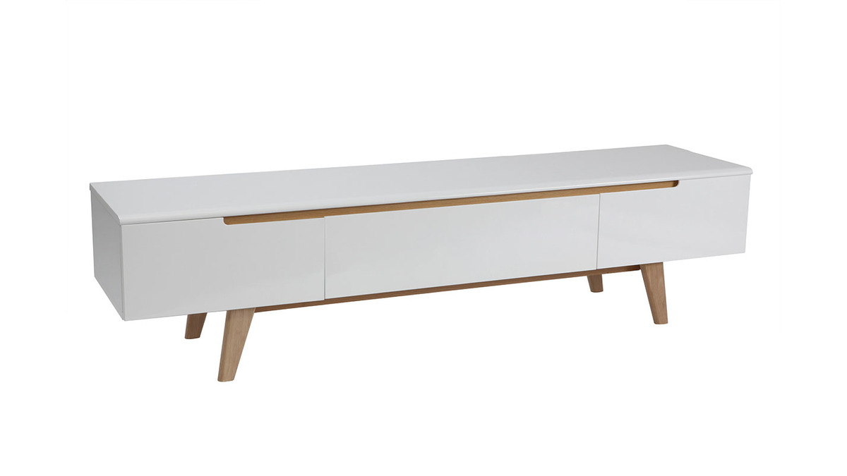 Meuble TV scandinave blanc brillant et bois L180 cm MELKA