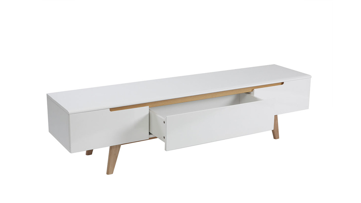 Meuble TV scandinave blanc brillant et bois L180 cm MELKA