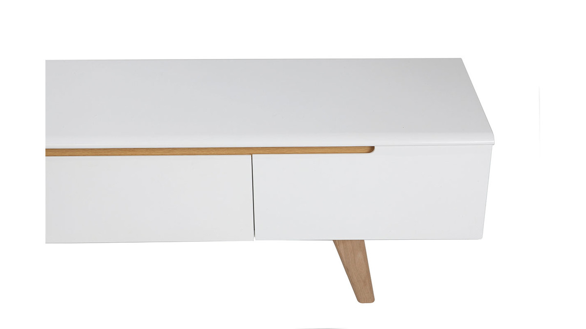 Meuble TV scandinave blanc brillant et bois L180 cm MELKA