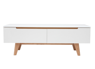 Meuble TV scandinave blanc brillant et bois MELKA - Miliboo & St&eacute;phane Plaza