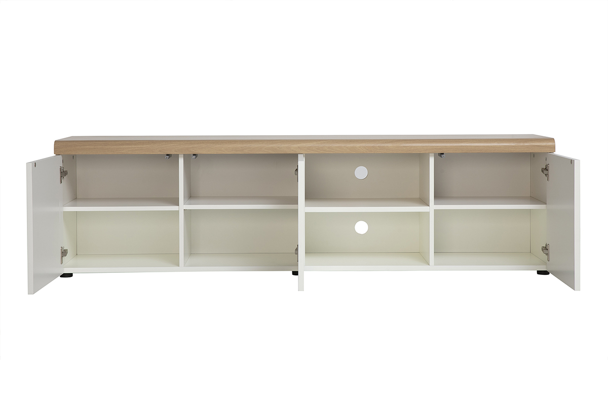 Meuble TV scandinave blanc et finition bois clair avec rangements L180 cm LEANA