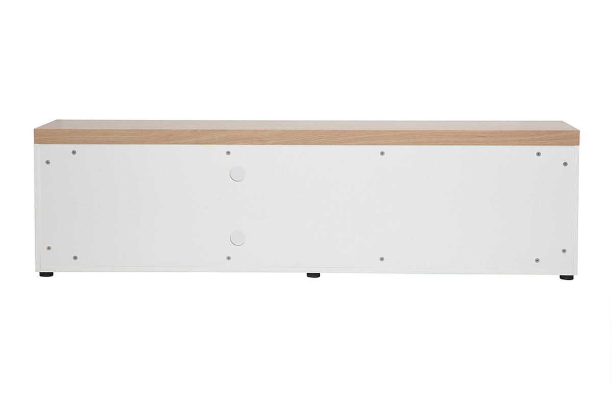 Meuble TV scandinave blanc et finition bois clair avec rangements L180 cm LEANA