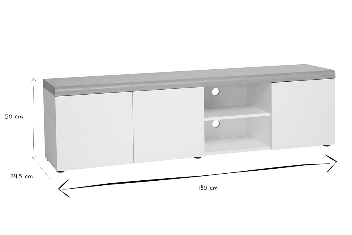 Meuble TV scandinave blanc et finition bois clair avec rangements L180 cm LEANA