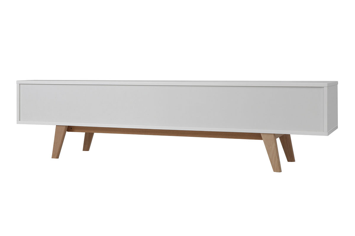 Meuble TV scandinave blanc laqu� brillant et bois L180 cm MELKA
