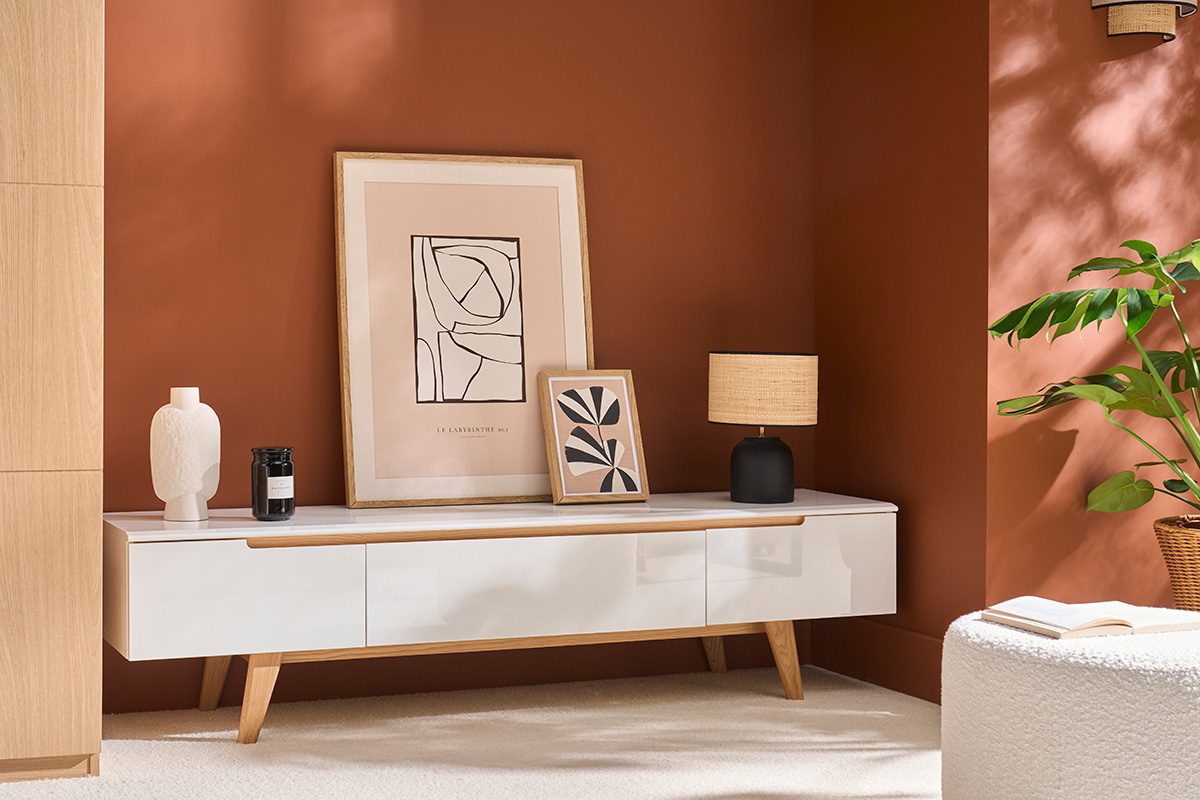 Meuble TV scandinave blanc laqu� brillant et bois L180 cm MELKA