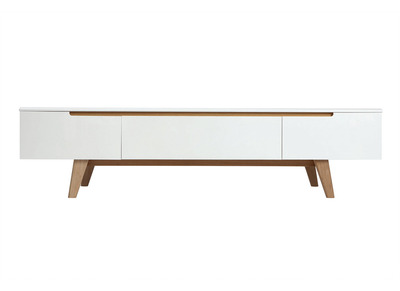 Meuble TV scandinave blanc laqu&eacute; brillant et bois L180 cm MELKA