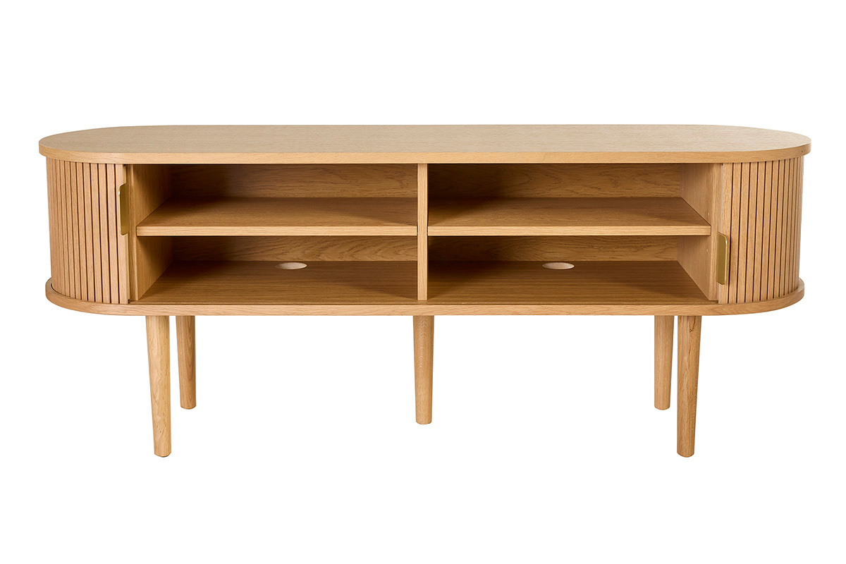 Meuble TV vintage bois clair ch�ne avec rangements 2 portes coulissantes L138 cm EPIC