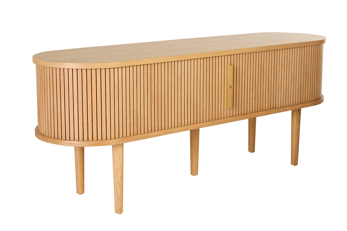 Meuble TV vintage bois clair ch�ne avec rangements 2 portes coulissantes L138 cm EPIC